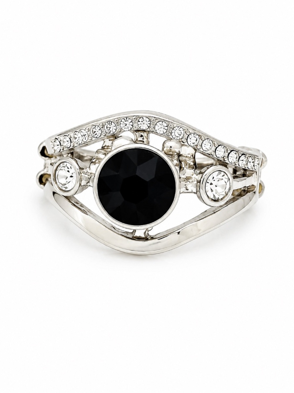 ANTHROPOLOGIE • Vintage Silver Black Crystal Statement Stretch Ring Adjustable